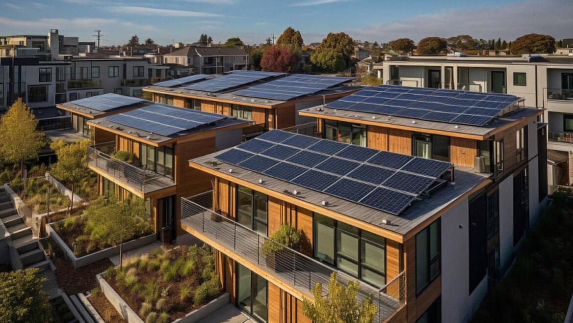 Foto di pannelli fotovoltaici posizionati sui tetti delle case
