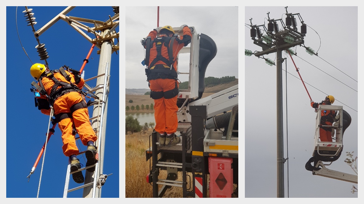 Foto di dipendenti e-distribuzione mentre utilizzano un esoscheletro