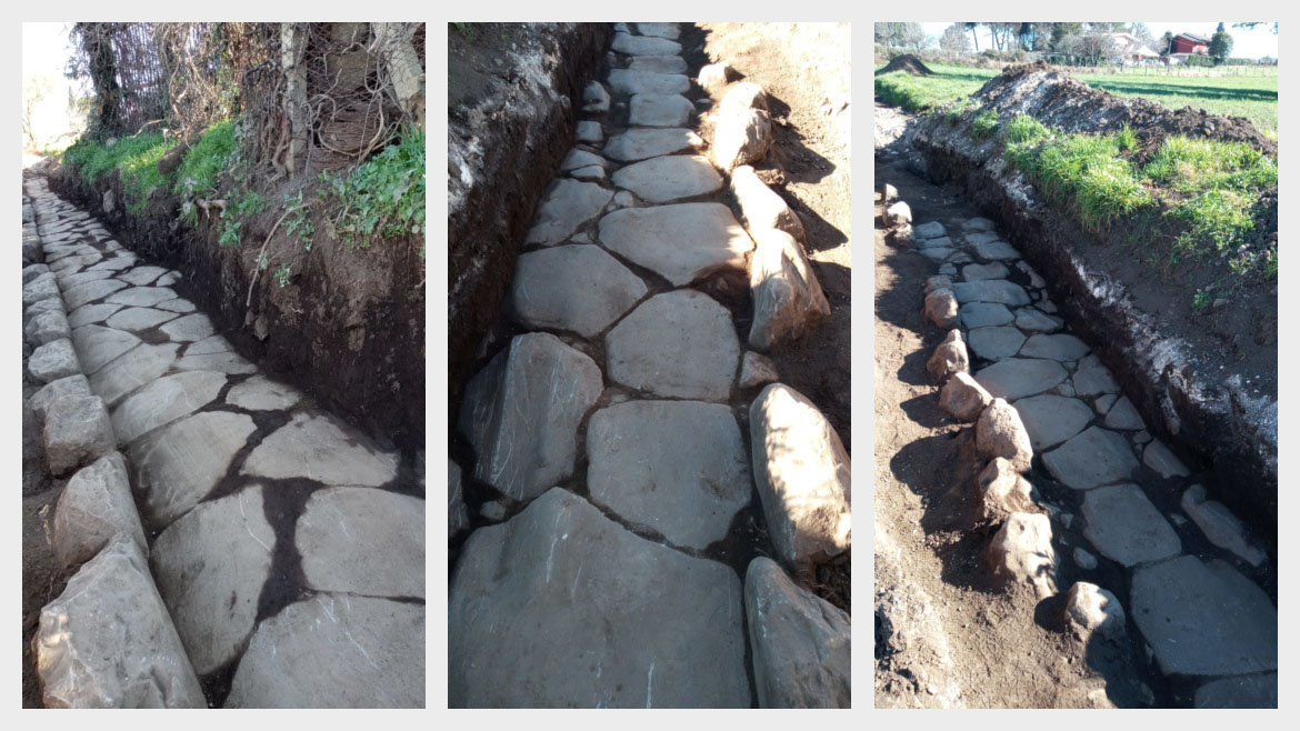 sequenza di foto della vecchia strada romana affiorata durante gli scavi
