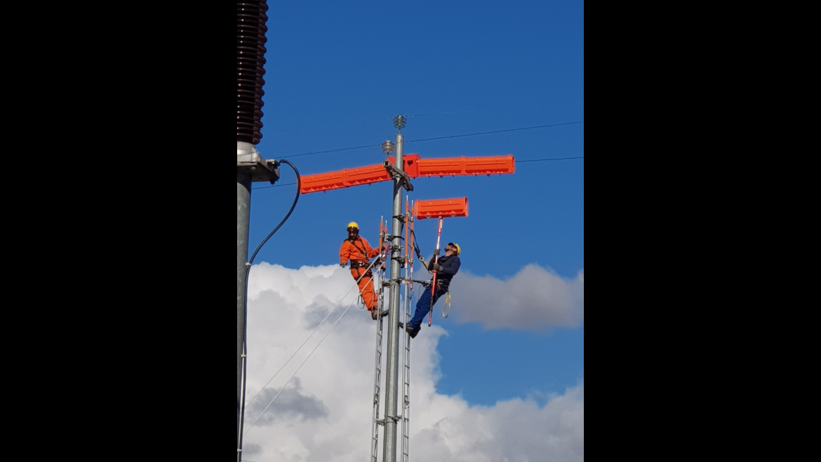 foto di 2 dipendenti in cima ad un palo che installano dei dispositivi isolanti per lavorare in tensione sulla linea nuda