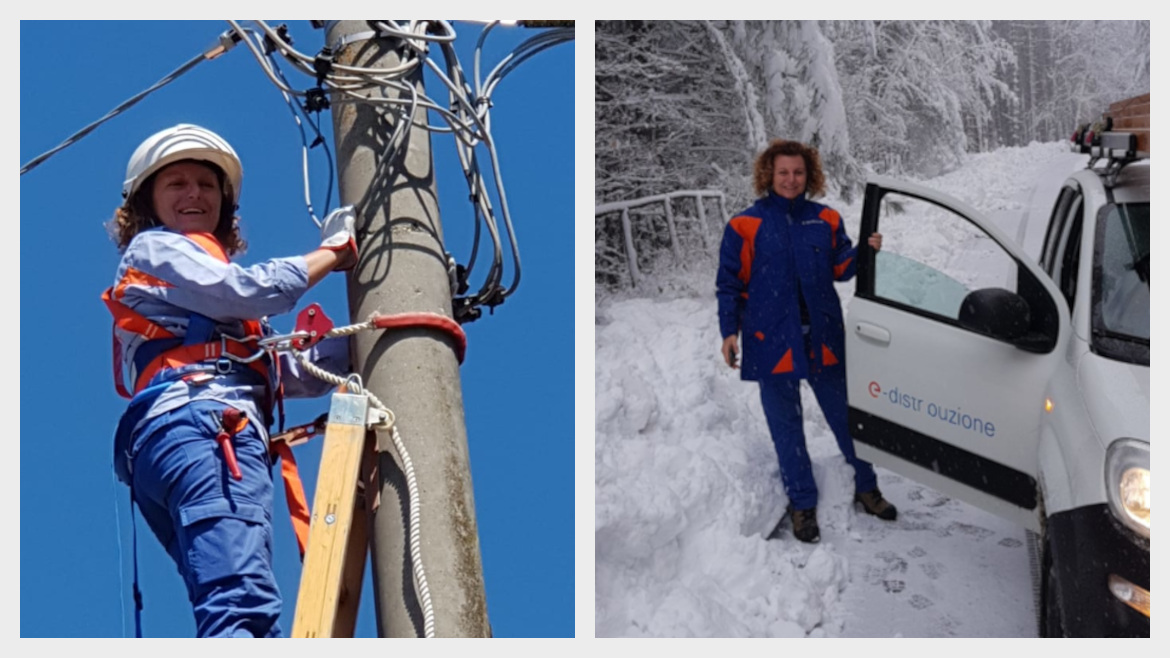 due immagini che rappresentano una dipendente di e-distribuzione che lavora sul campo