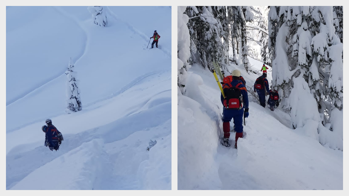 2 foto di alcuni dipendenti e-distribuzione che lavorano nella neve